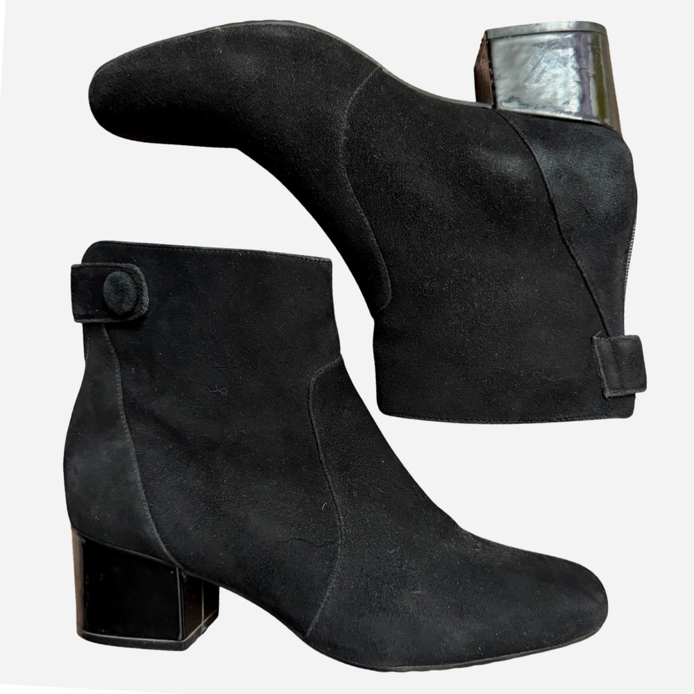 Bandolino Ankle Boots 5‎ Black Patent Block Heel Back Zip Snap Quiet Luxury 8.5